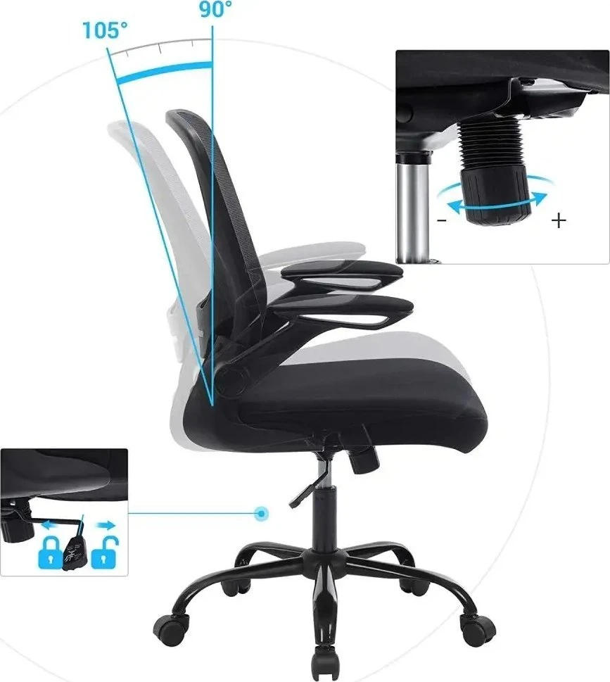 SONGMICS biuro kėdė su tinkline atkalte, ergonomiška, sulankstomais porankiais, juoda OBN37BK