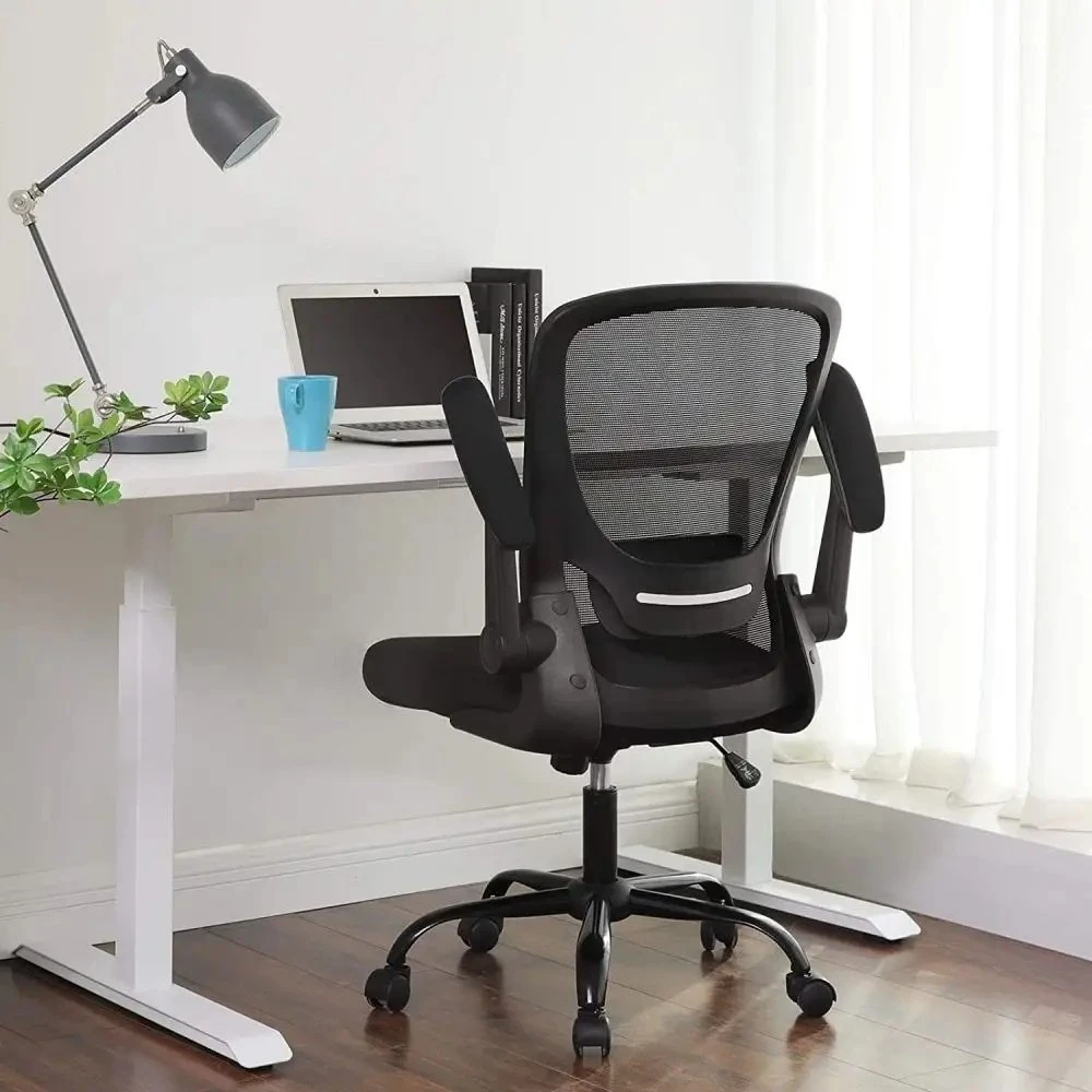 SONGMICS biuro kėdė su tinkline atkalte, ergonomiška, sulankstomais porankiais, juoda OBN37BK