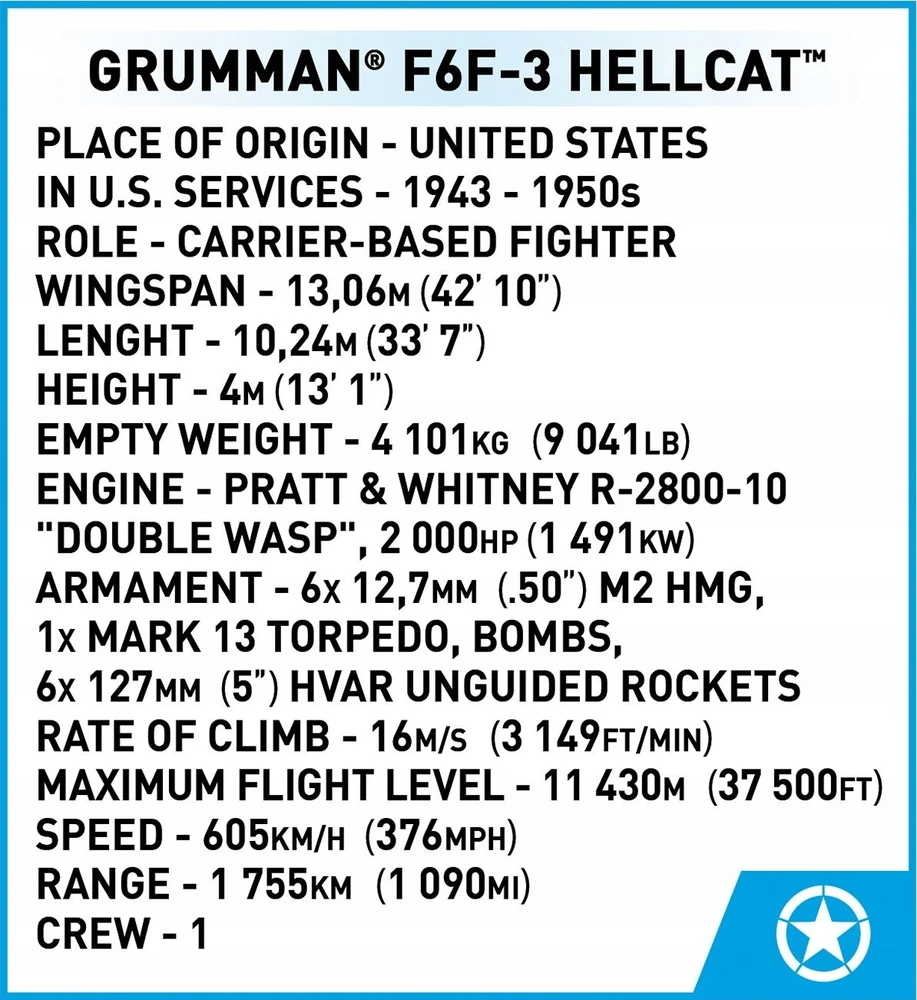 COBI HC WWII Grumman F6F Hellcat 235kl 5883