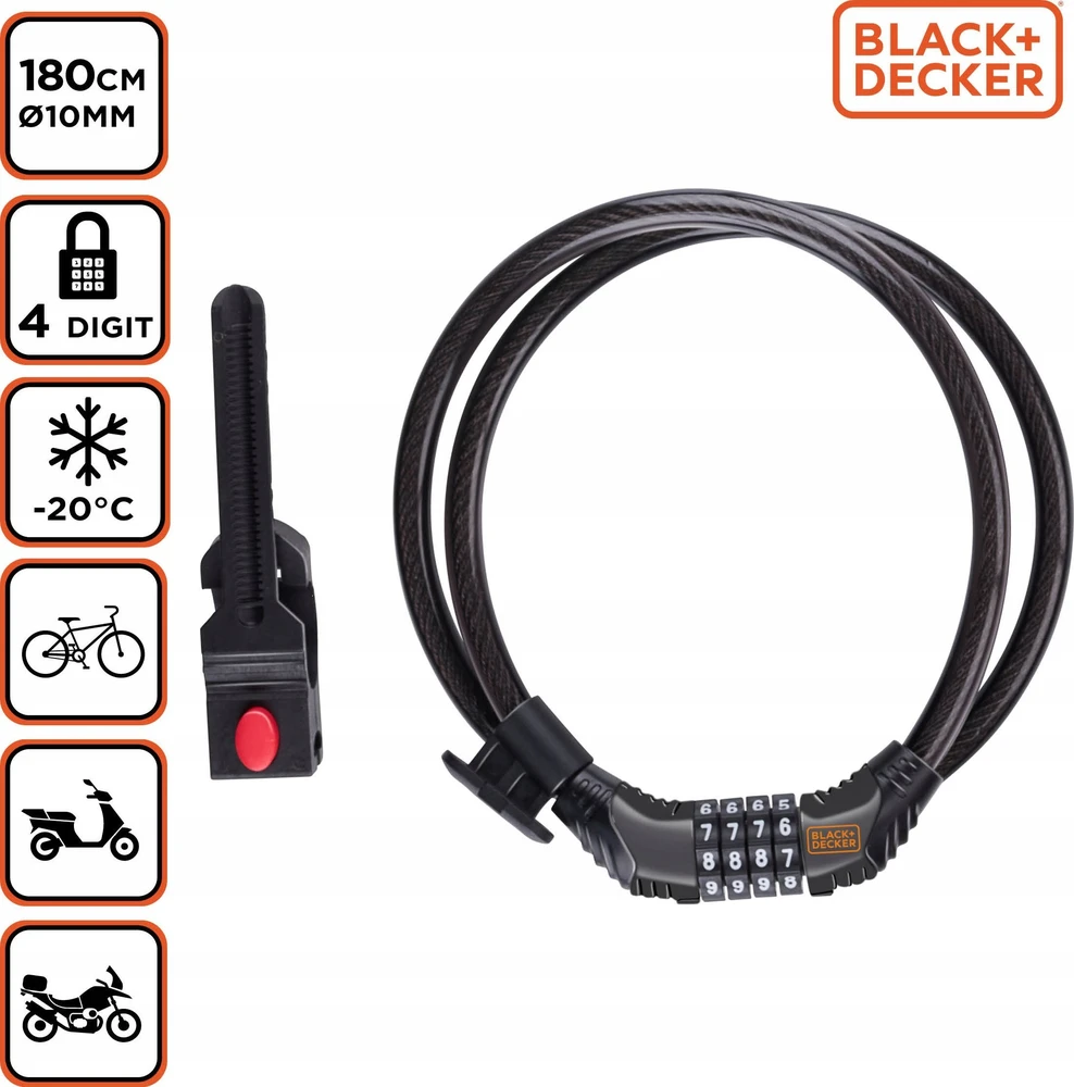 BLACK &amp; DECKER Dviračio užraktas su kodu, juodas