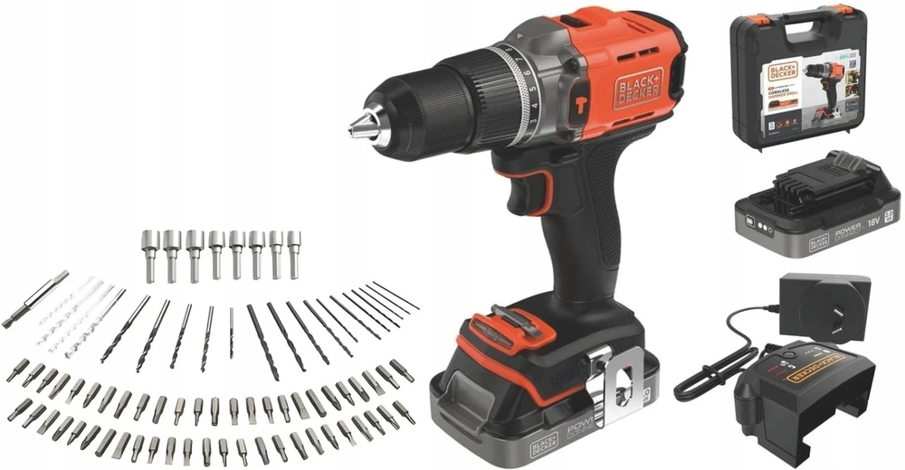 Black & Decker „Juodas & Decker“ Juodas ir DECKER 18 V Smūginis grąžtuvas (su 2 x 18 V 2,0 Ah baterijomis su įkrovos indikatoriumi, 1 A įkrovikliu ir 80 priedų) | BCD383D2XKA-QW | 2,0 Ah