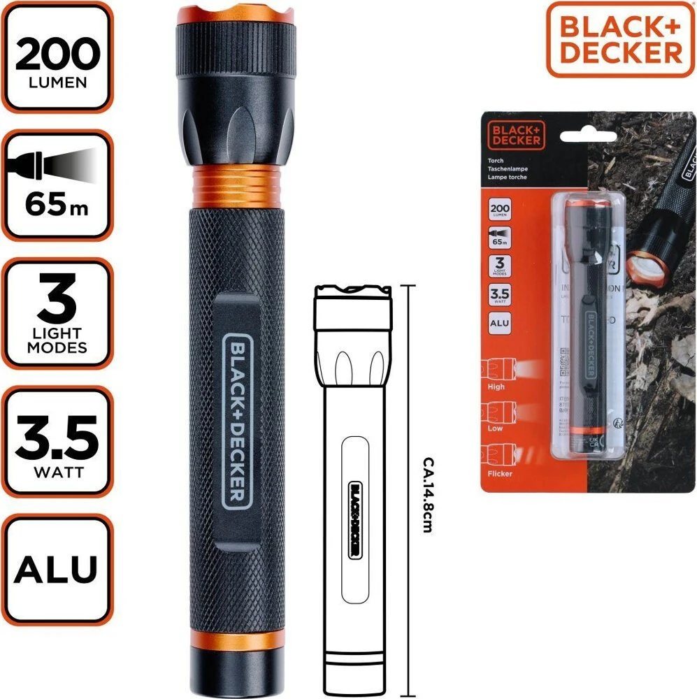 BLACK +  DECKER Juodas + DECKER LATARKA TAKTYCZNA aliumininės 3,5W 200LUMENÓW Juodas + DECKER