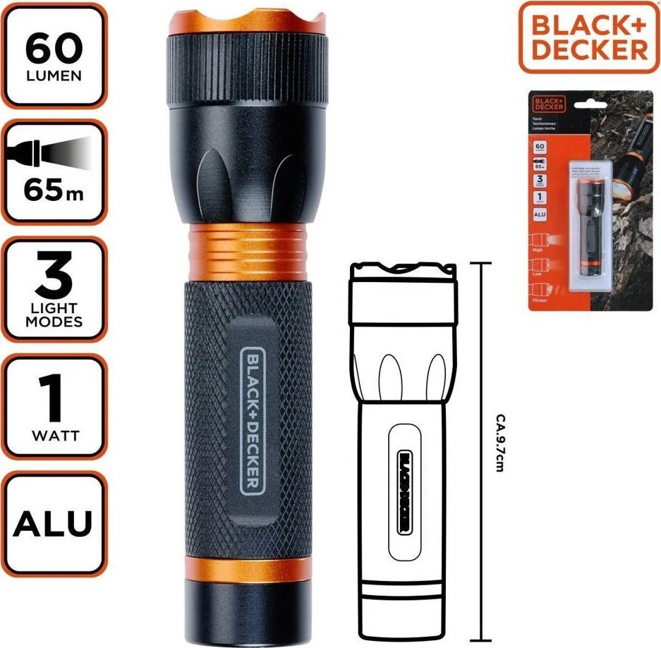 Black & Decker Juodas & Decker LATARKA TAKTYCZNA aliumininės 1W 60LUMENÓW Juodas+ DECKER
