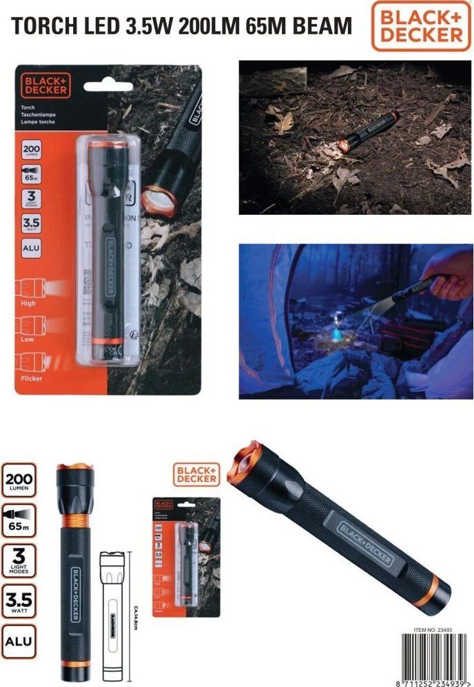 BLACK +  DECKER Juodas + DECKER LATARKA TAKTYCZNA aliumininės 3,5W 200LUMENÓW Juodas + DECKER