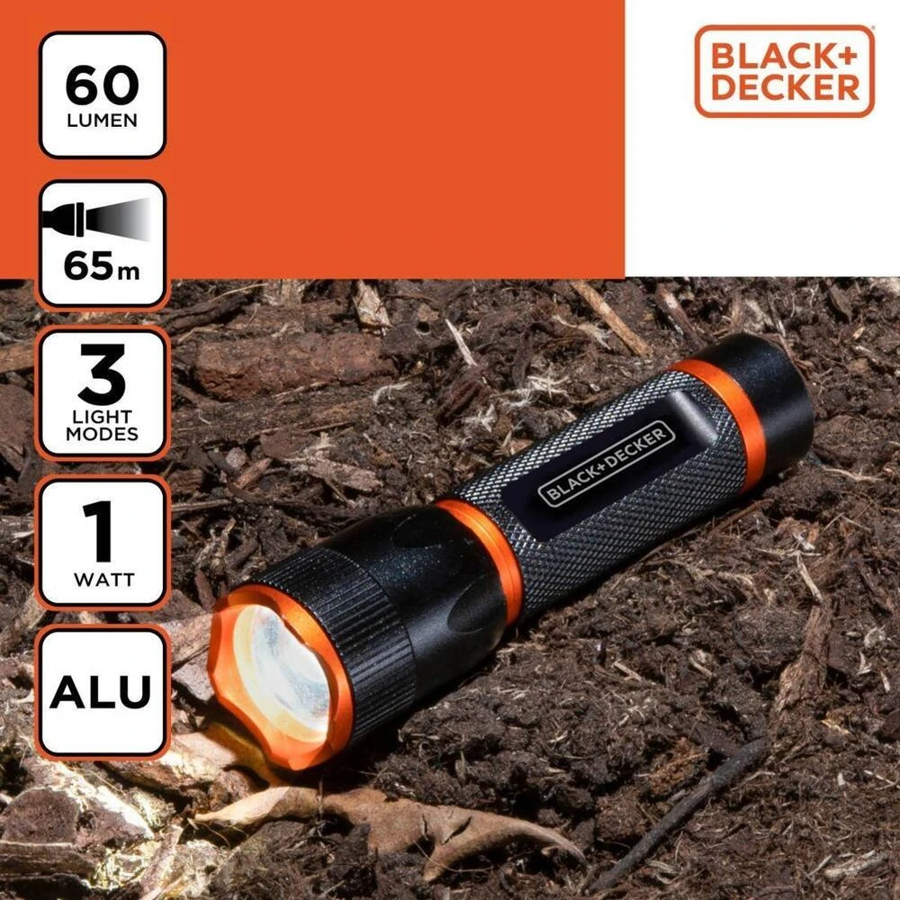 Black & Decker Juodas & Decker LATARKA TAKTYCZNA aliumininės 1W 60LUMENÓW Juodas+ DECKER