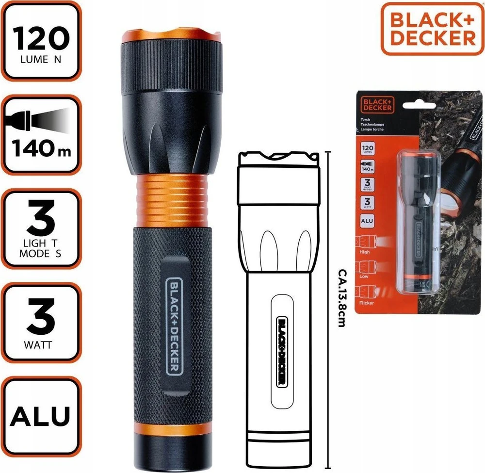 Black & Decker Juodas & Decker LATARKA TAKTYCZNA aliumininės 3W 120LUMENÓW Juodas + DECKER