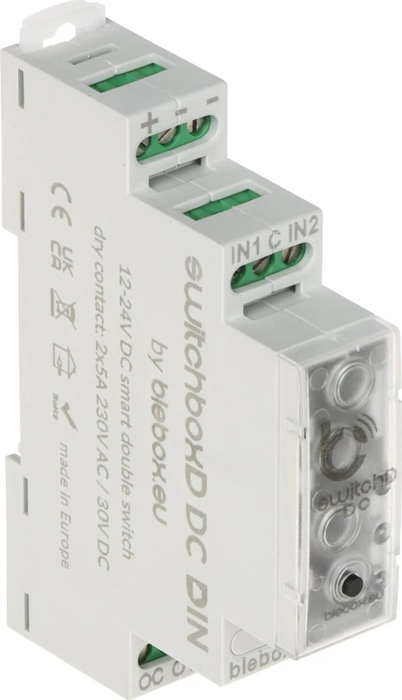 BleBox SwitchBoxD DC DIN - 2 kanalų relė 230V AC 30V DC WiFi - Android / iOS programa