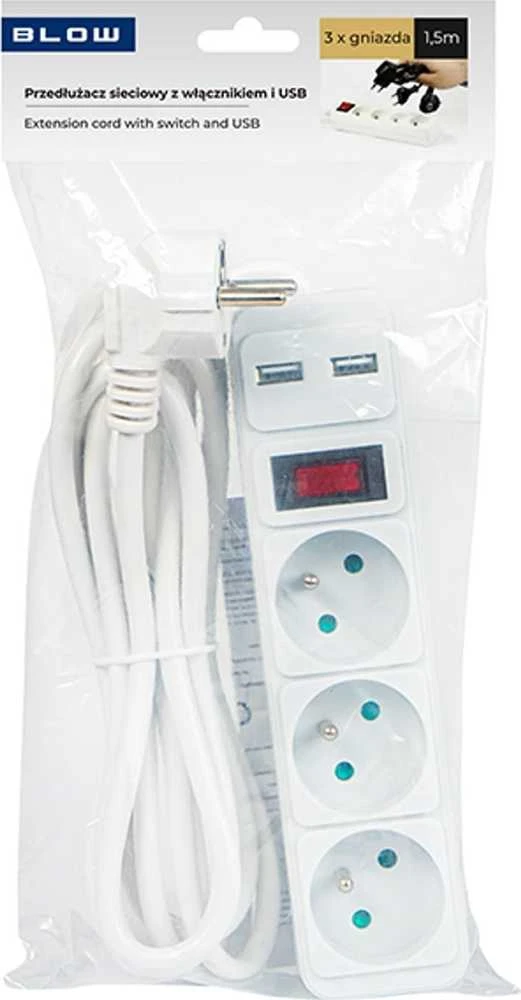 Blow PR-370WSP/USB prailgintuvas 3 lizdai + USB su įžeminimu + jungiklis baltas 1.5m 3x1.5mm