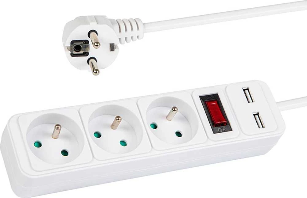 Blow PR-370WSP/USB prailgintuvas 3 lizdai + USB su įžeminimu + jungiklis baltas 1.5m 3x1.5mm