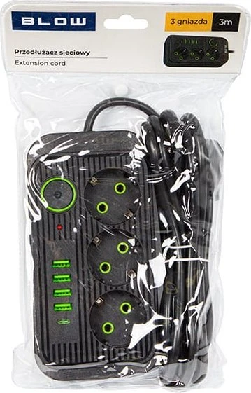 Blow PS-330S 3 lizdų tinklo ilgintuvas 4xUSB 1xUSB-C 3m juodas 2x1mm