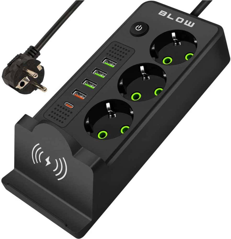 Blow PS-350U 3 lizdų maitinimo prailginimo laidas 4xUSB+USB-PD 3m juodas 3x1mm
