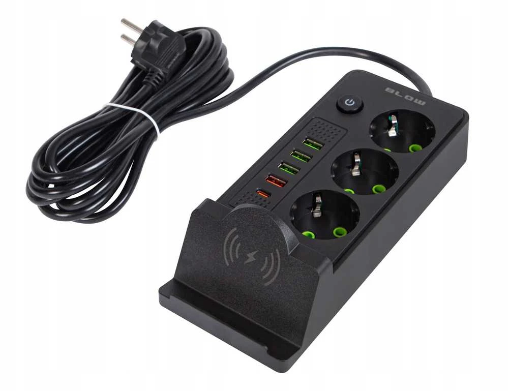 Blow PS-350U 3 lizdų maitinimo prailginimo laidas 4xUSB+USB-PD 3m juodas 3x1mm