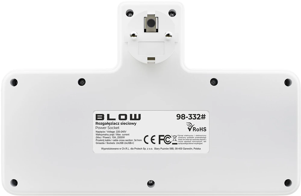 Blow PS-380 3 lizdų skirstytuvas + 2xUSB + 2xUSB-C su PIR lempa, baltas