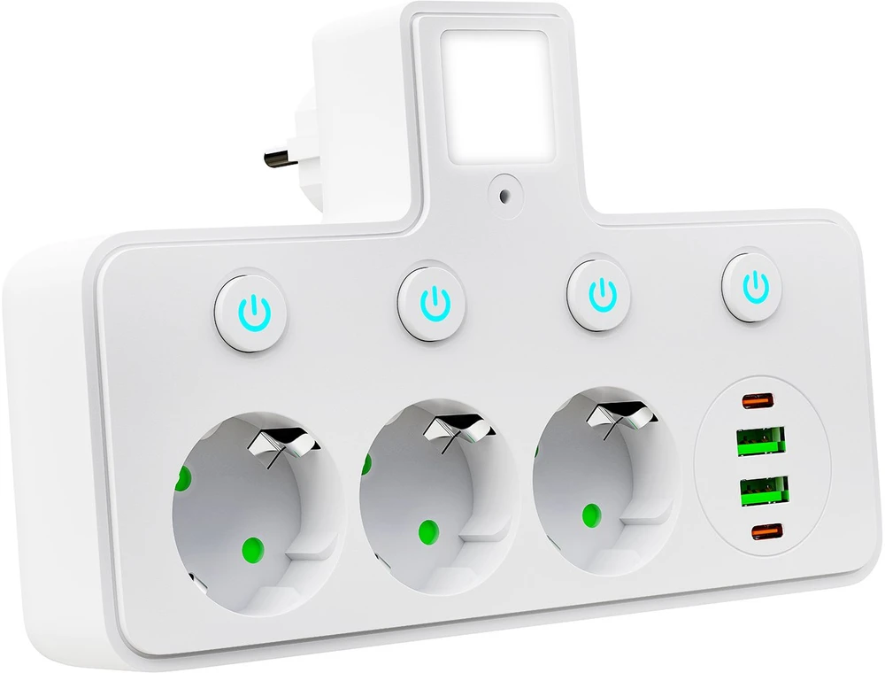 Blow PS-380 3 lizdų skirstytuvas + 2xUSB + 2xUSB-C su PIR lempa, baltas