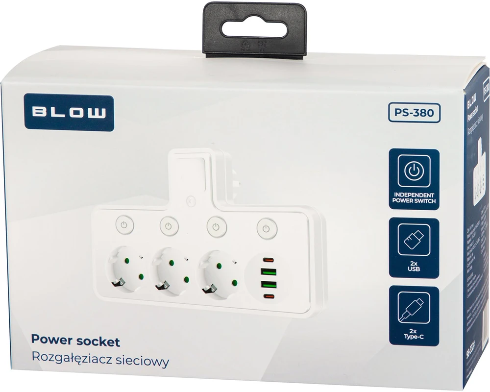 Blow PS-380 3 lizdų skirstytuvas + 2xUSB + 2xUSB-C su PIR lempa, baltas