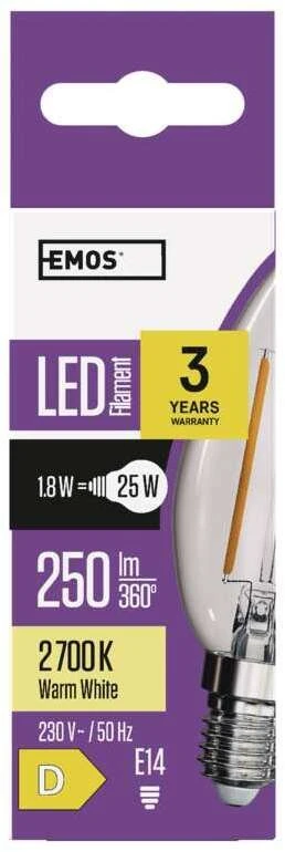 LED lemputė E14 230V 1.8W 250lm, FILAMENT, šiltai balta, 2700K, EMOS
