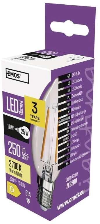 LED lemputė E14 230V 1.8W 250lm, FILAMENT, šiltai balta, 2700K, EMOS