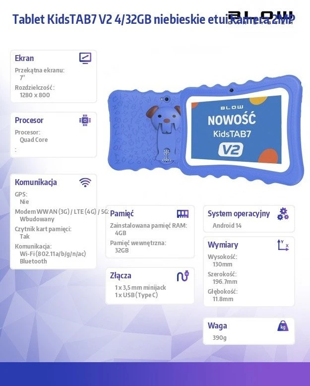 Planšetė KidsTAB7 V2 BLOW 4/32GB mėlynas dėklas 2MP