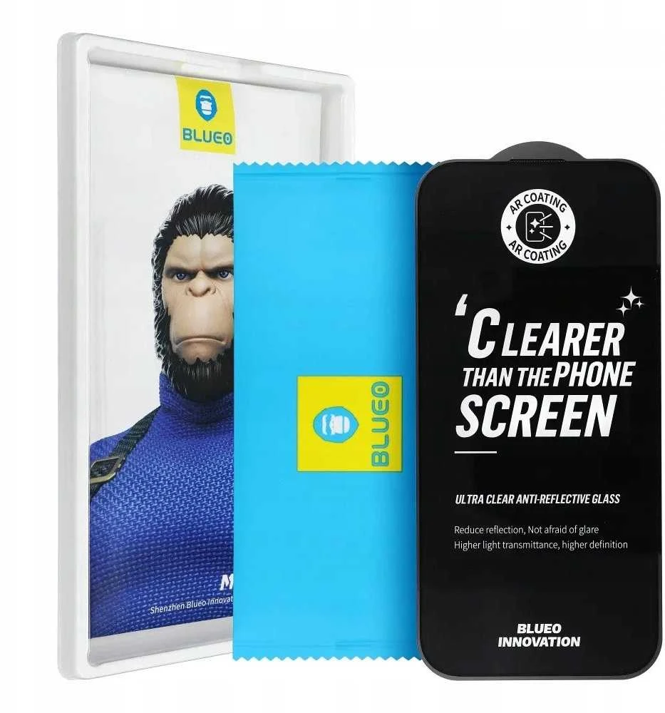 Blueo Apple 5D grūdintas stiklas iPhone 17 PRO MAX telefonui Mr. Monkey Glass (stiprus aukščiausios kokybės itin skaidrus AR) juodas