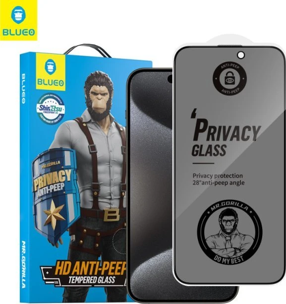 Blueo 5D Mr. Monkey Glass – Apple iPhone 16 Pro Max juodas (Tvirtas privatumas)