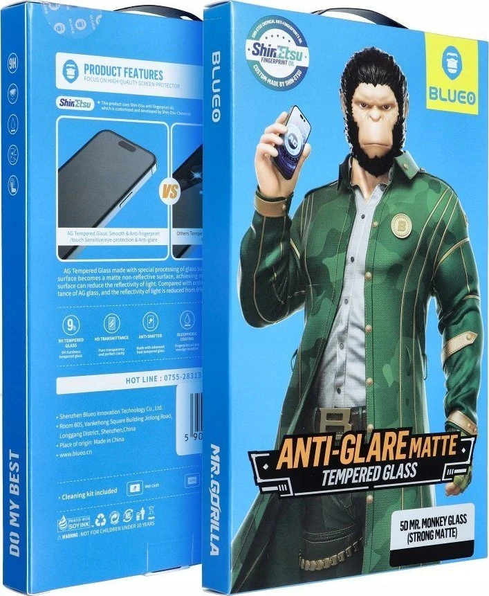 Blueo 5D Mr. Monkey Glass – Apple iPhone 15 / 16 juodas (stiprus matinis)