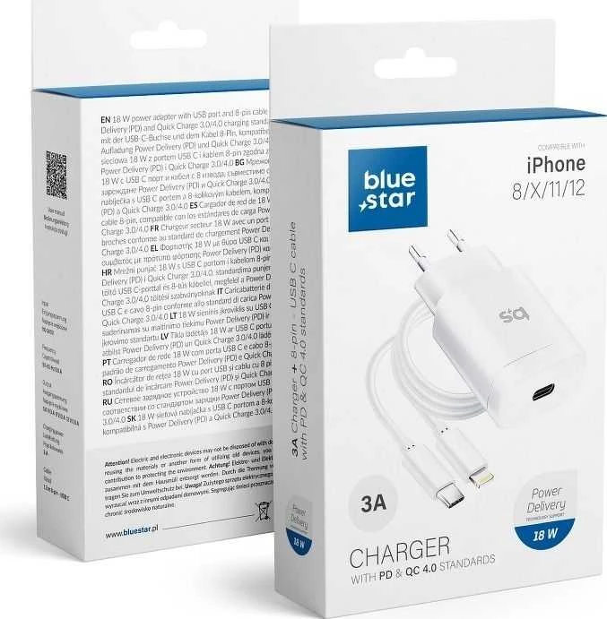 BlueStar Telefono įkroviklis Blue Star USB C QC3.0 PD 3A 18W + laidas USB C - Lightning TFK-TC-1099C baltas