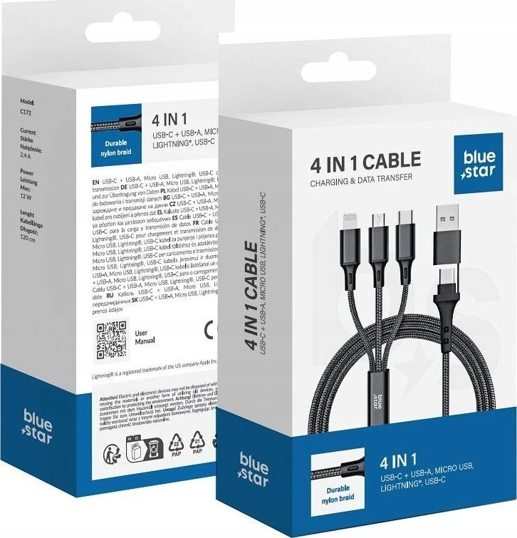 BlueStar USB laidas 4in1 Blue Star (C172) lightning+MicroUSB+USB-C (12W; 2.4A) 1.2M