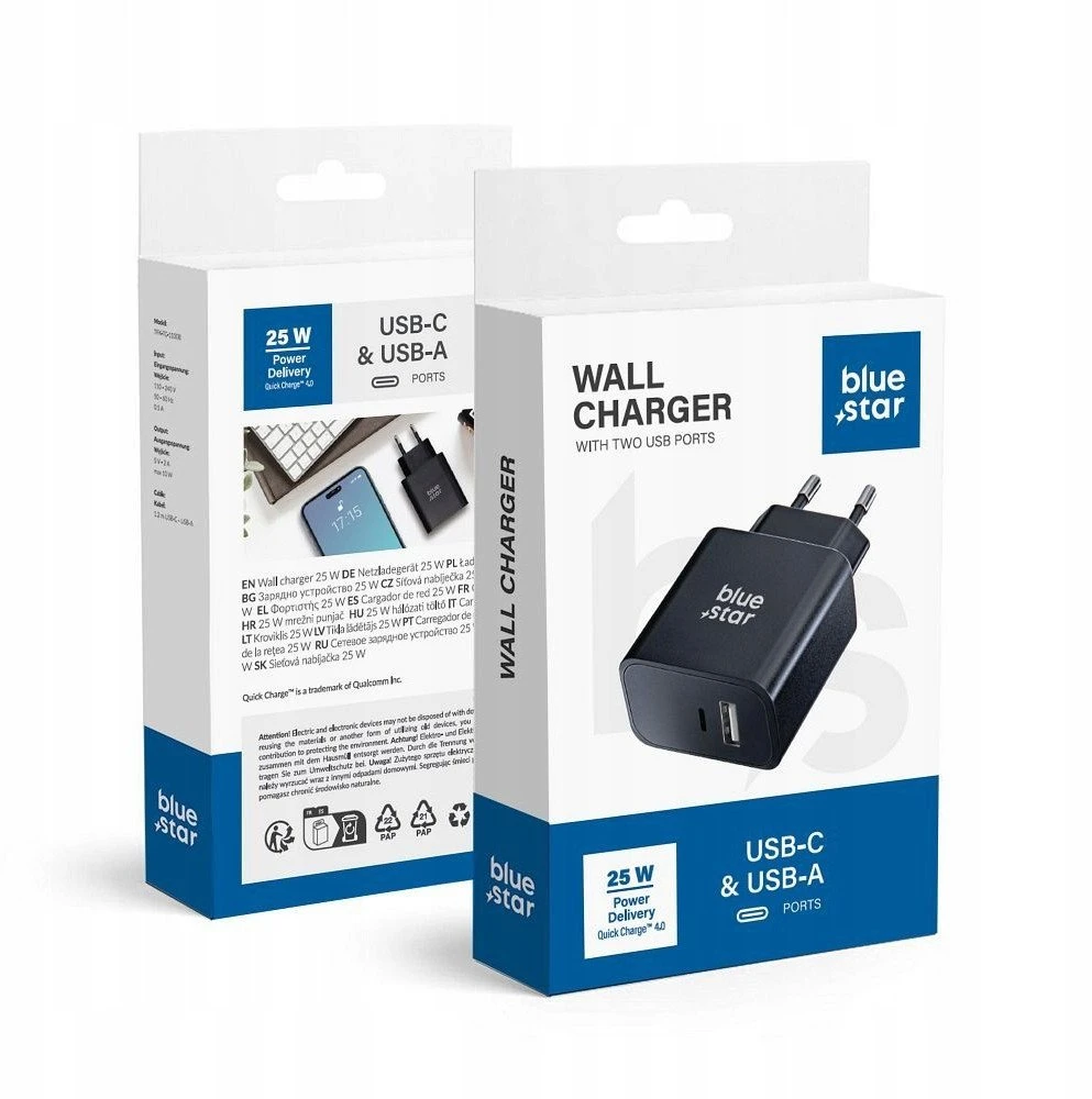BlueStar Telefono įkroviklis Blue Star USB C + USB A QC4.0 PD 3A 25W TFB-TC-25WPD juodas