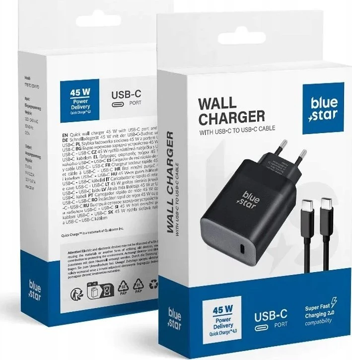 BlueStar Telefono įkroviklis Blue Star USB C QC4.0 PD 3A 45W + laidas USB C į USB C TFB-TC-45WPD juodas