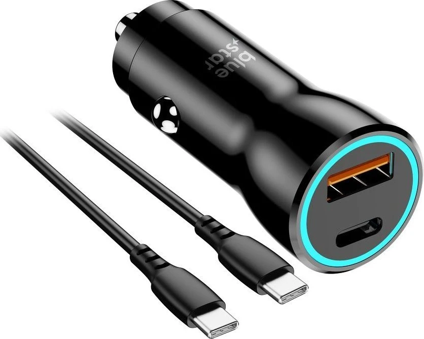 BlueStar Įkroviklis automobilinis Blue Star (1xUSB-C; QC 3.0; 30W) + laidas "USB-C(Type-C) to USB-C(Type-C)" juodas