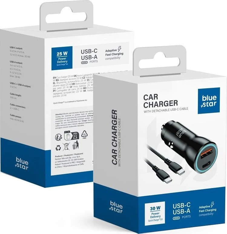 BlueStar Įkroviklis automobilinis Blue Star (1xUSB-C; QC 3.0; 30W) + laidas "USB-C(Type-C) to USB-C(Type-C)" juodas