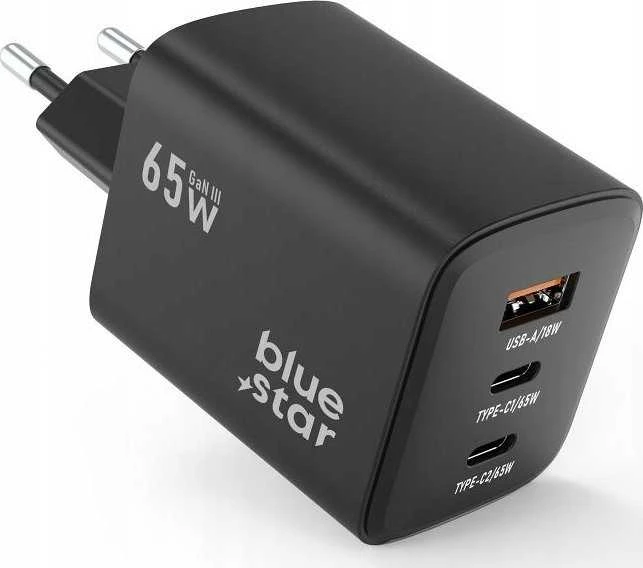 BlueStar Telefono įkroviklis Blue Star GaN 2 x USB C + USB A QC4.0 PD 4A 65W VT-43 juodas