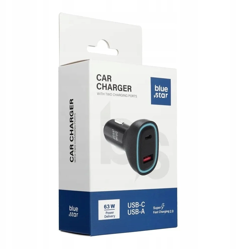 BlueStar „Blue Star Mėlynas STAR“ automobilinis įkroviklis 3A 63W C tipo + USB A PD QC3.0 AFC PPS SFC2.0 juodas