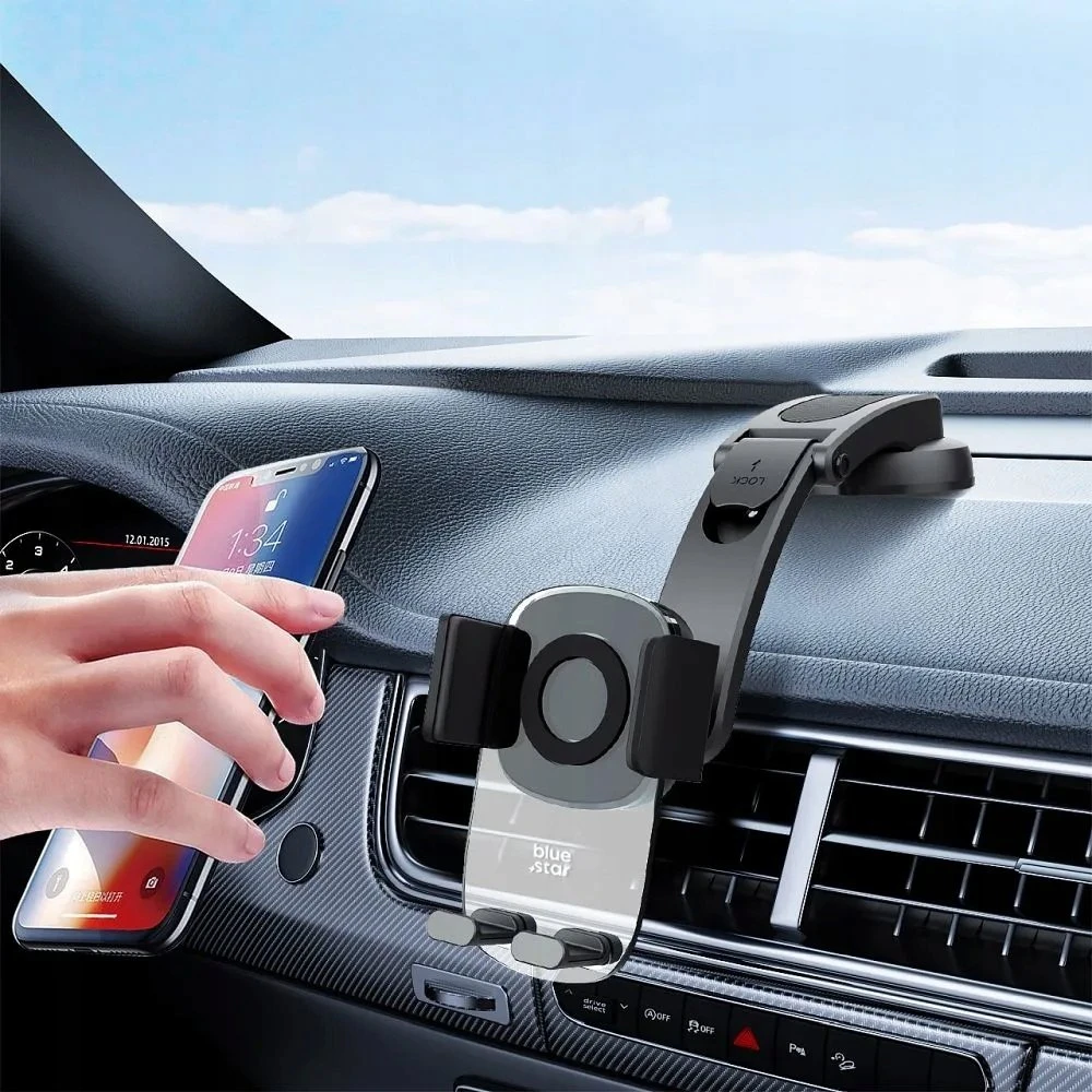 BlueStar „Blue Star“ automobilinis mobiliojo telefono laikiklis su tvirtinimu prie priekinio stiklo ir prietaisų skydelio Mėlynas STAR Long Neck Crystal juodas