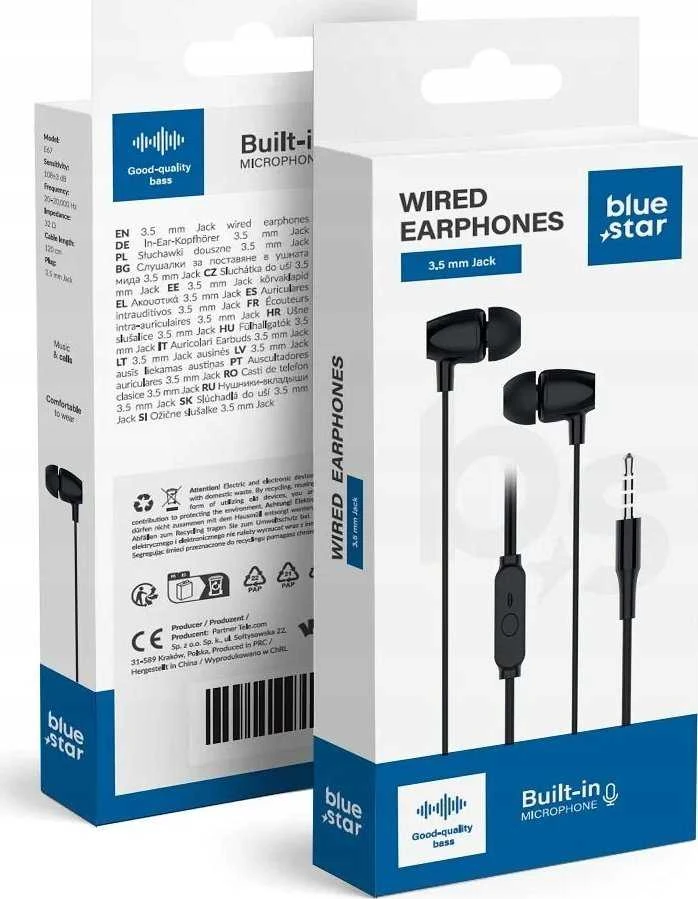 BlueStar Wire earphones Jack 3,5 mm Blue Star PA-E67 1,2 m juodas