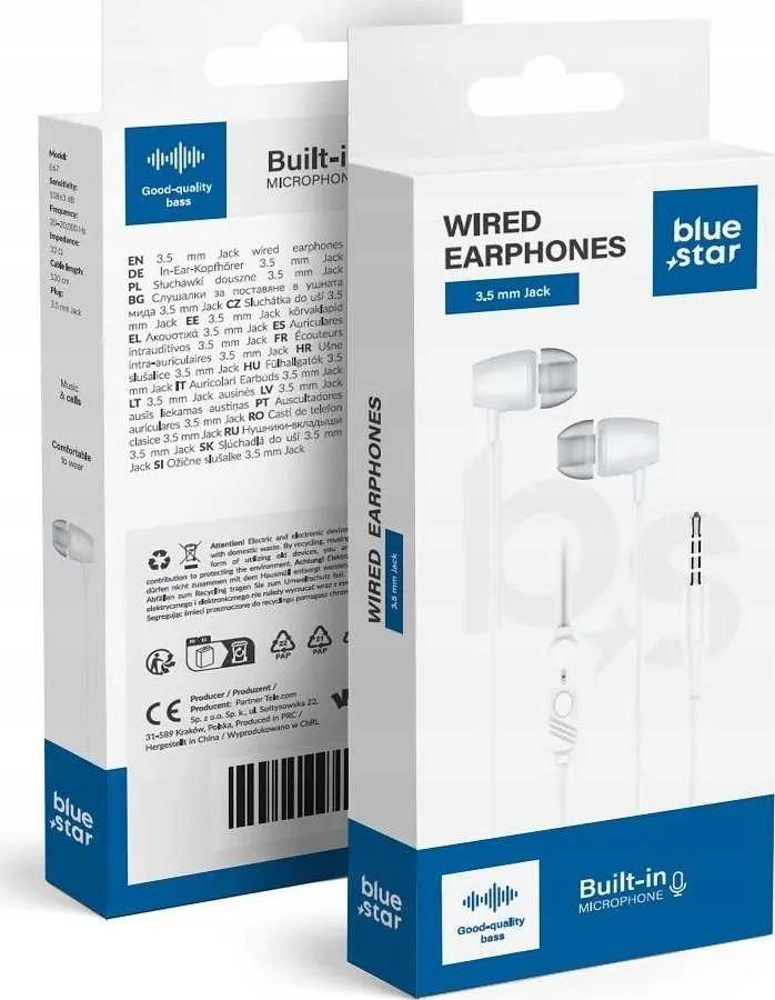 BlueStar Laidinės ausinės, 3,5 mm lizdas, Blue Star PA-E67, 1,2 m, baltas
