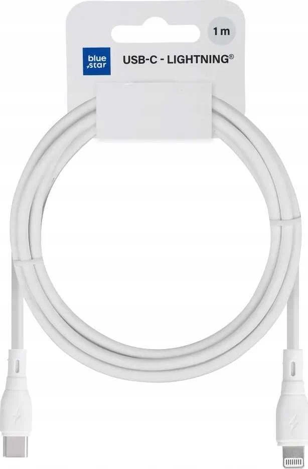 BlueStar USB-C laidas su „Lightning“ jungtimi, mėlynas, žvaigždės formos, 2,4A, 27W, ECO, 1 m, PJ72-18-3, baltas