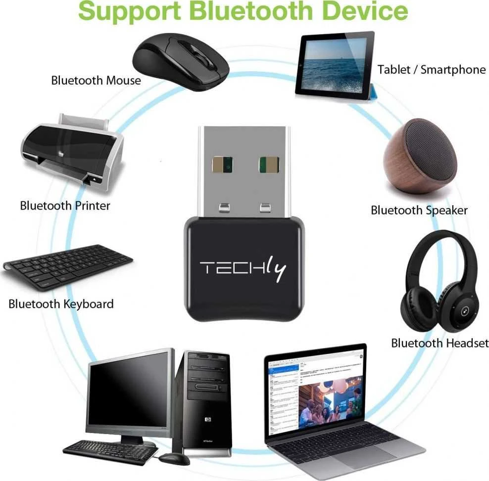 Techly USB 2.0 ir „Bluetooth 5.0“ adapteriai