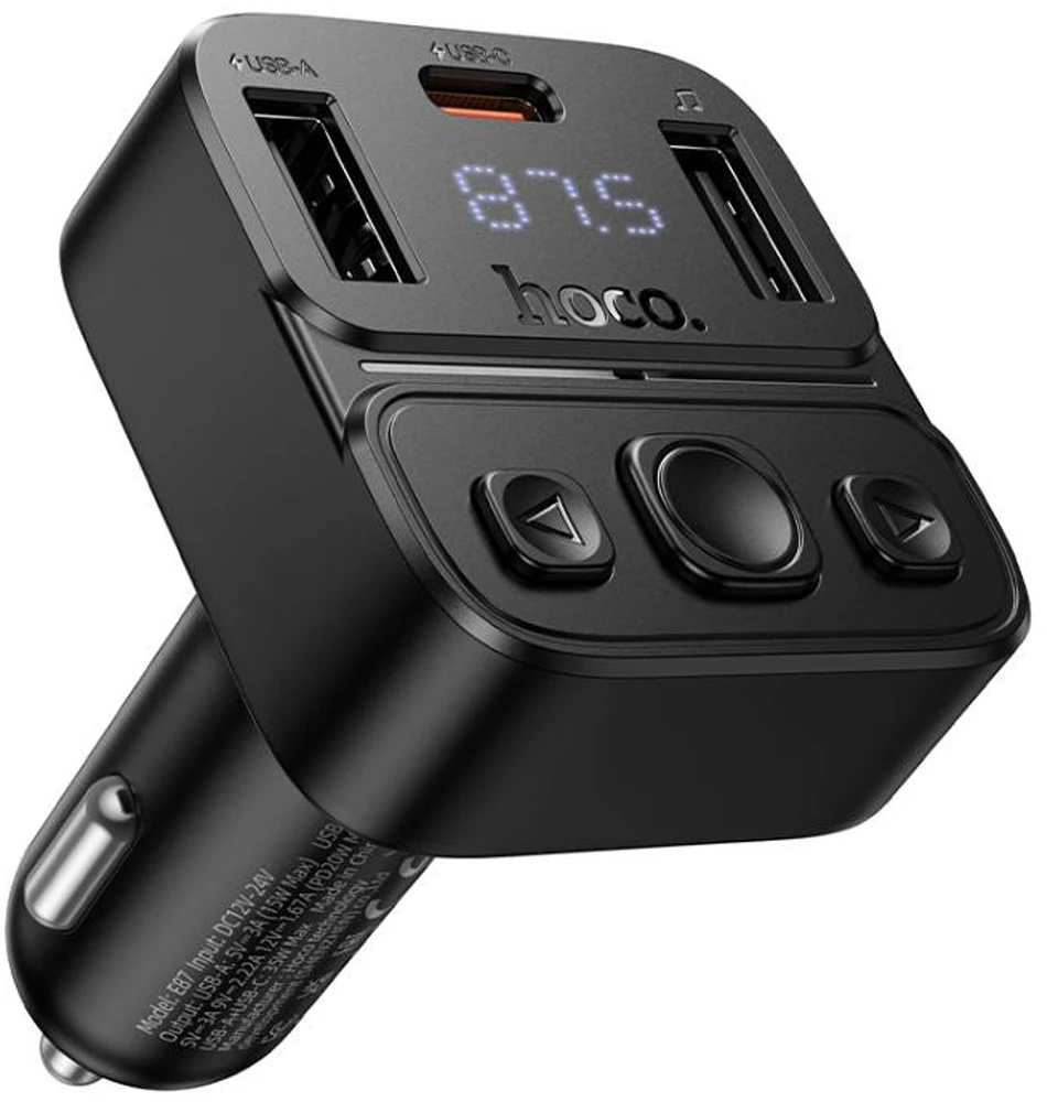 Automobilinis „Bluetooth“ siųstuvas Hoco USB A + USB C QC PD 35W E87 juodas