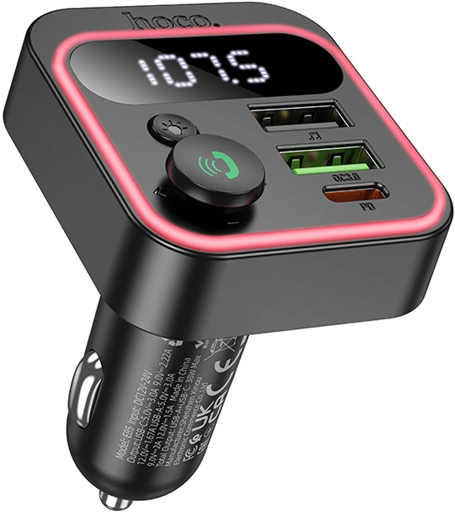 Automobilinis „Bluetooth“ siųstuvas Hoco USB A + USB C QC PD 35W E87 juodas
