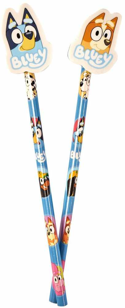 Bluey BLUEY 2-pack pencils w/2 eraser toppers - triangular pencils, unsharpened, each with eraser topper, packed on blistercard w/eurohole, CE & 0-3 metai pictogram