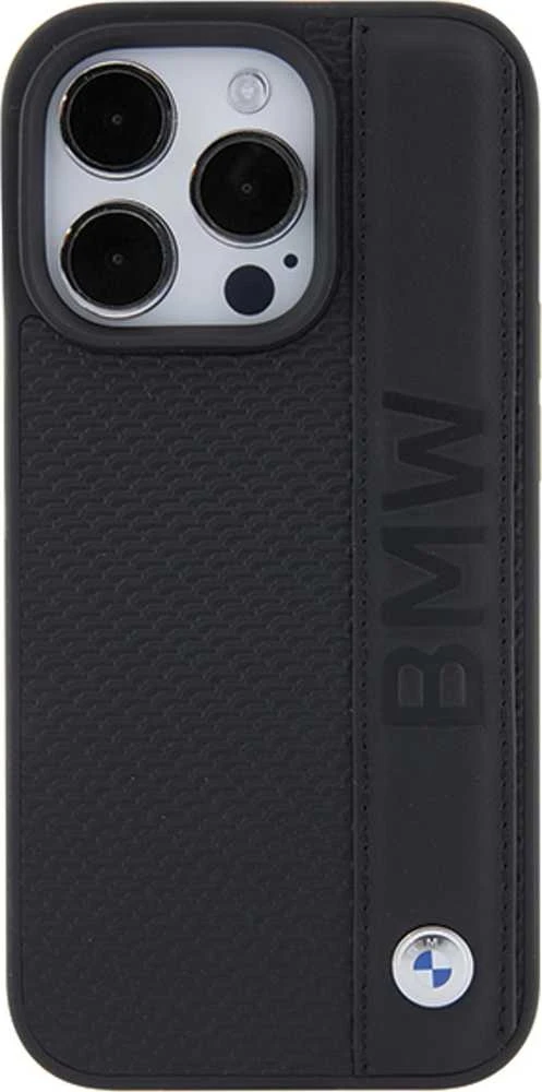Dėklas BMW BMHCP15X22RDPK Apple iPhone 15 Pro Max 6.7″ juodos spalvos kietas dėklas Leather Textured & Stripe