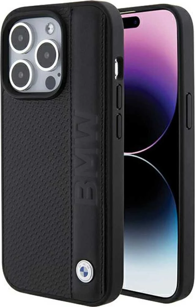 Dėklas BMW BMHCP15X22RDPK Apple iPhone 15 Pro Max 6.7″ juodos spalvos kietas dėklas Leather Textured & Stripe