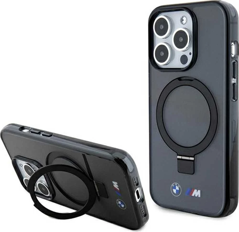 Dėklas BMW BMHMP15LURSK Apple iPhone 15 Pro 6.1″ juodos spalvos kietas dėklas Ring Stand M Collection MagSafe