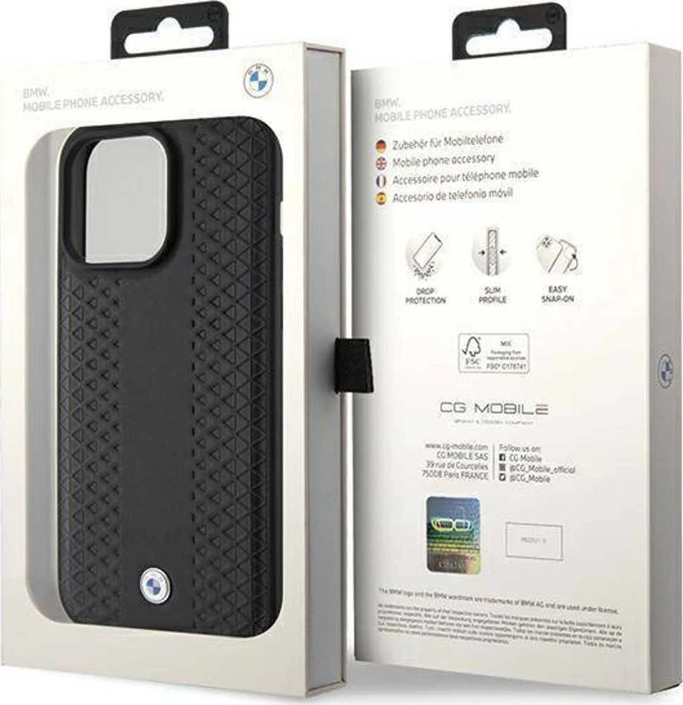 BMW Leather Diamond Pattern dėklas iPhone 15 Pro Max - juodas