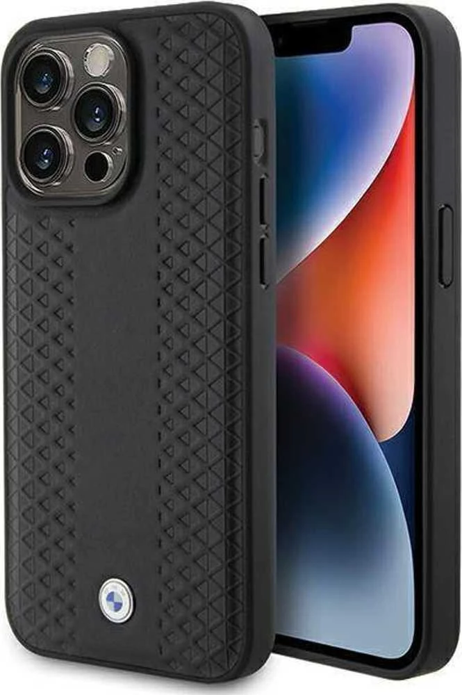 BMW Leather Diamond Pattern dėklas iPhone 15 Pro Max - juodas