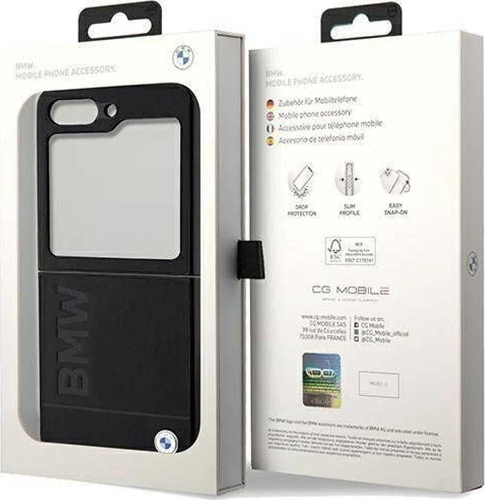 Dėklas BMW BMHCZF5SLLBK Z Flip5 F731 juodos spalvos Leather Hot Stamp