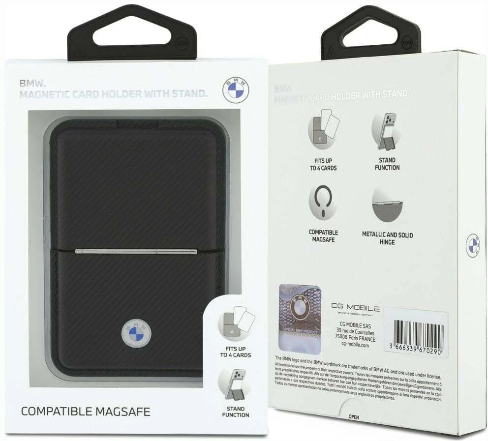 Dėklas Portfel BMW Carbon Metal Logos MagSafe juoda