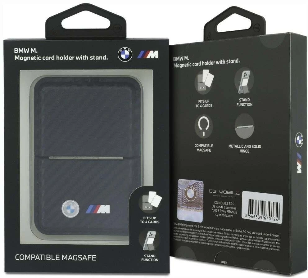 Dėklas Portfel BMW M Carbon Metal Logos MagSafe juoda
