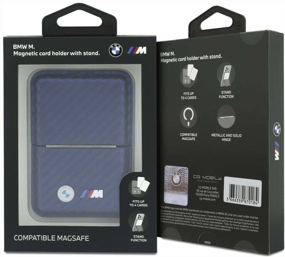 Dėklas Portfel BMW M Carbon Metal Logos MagSafe tamsiai mėlyna
